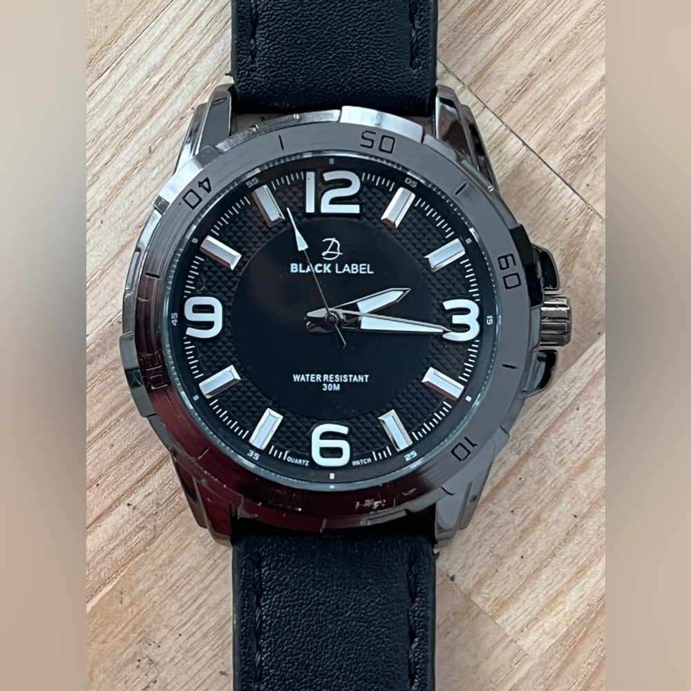 Black Label Men’s Watch Black Leather Strap Black Dial and Case